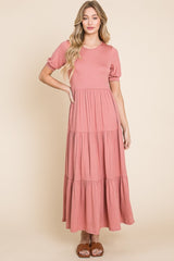 Ruched Short Sleeve Tiered Maxi Dress BomBom   