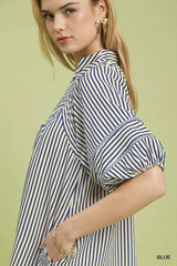 Striped Puff Sleeve Shift Dress Umgee