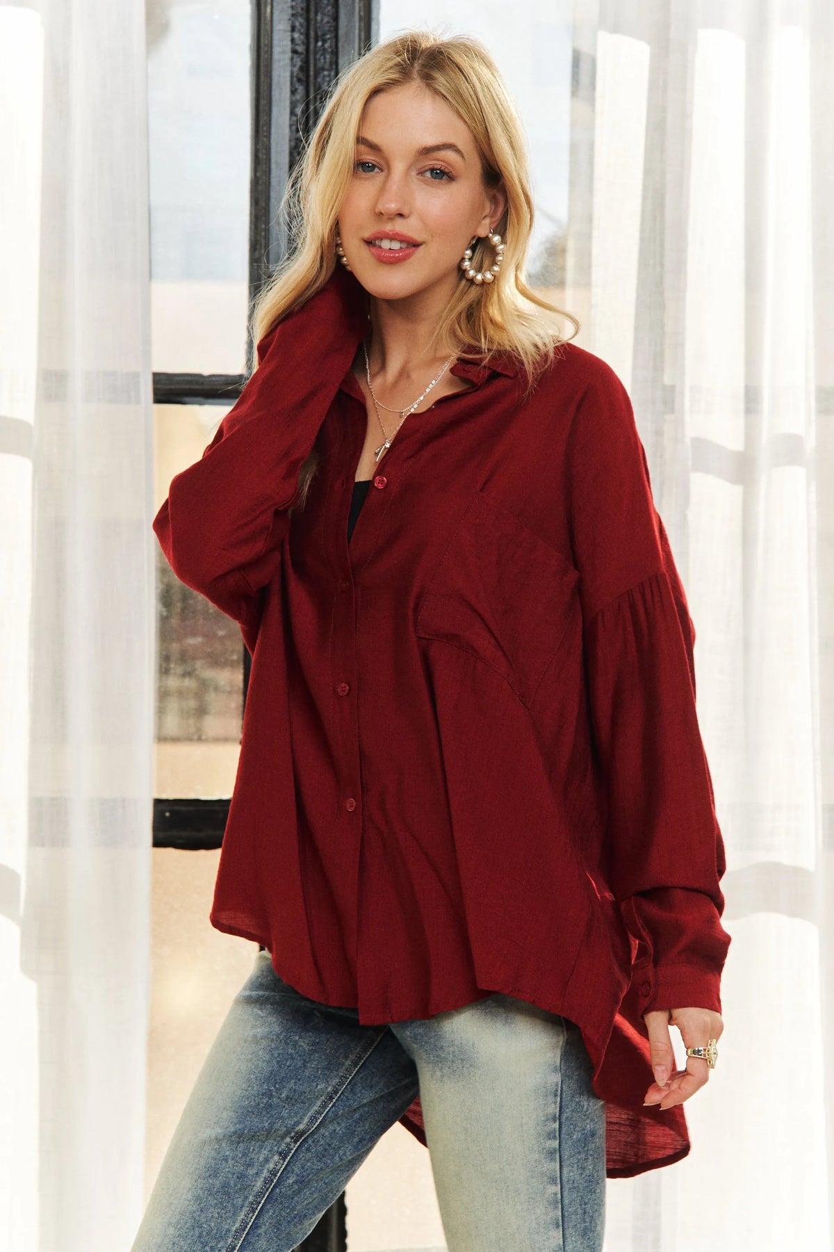 Button Down Linen Shirt Adora BURGUNDY S