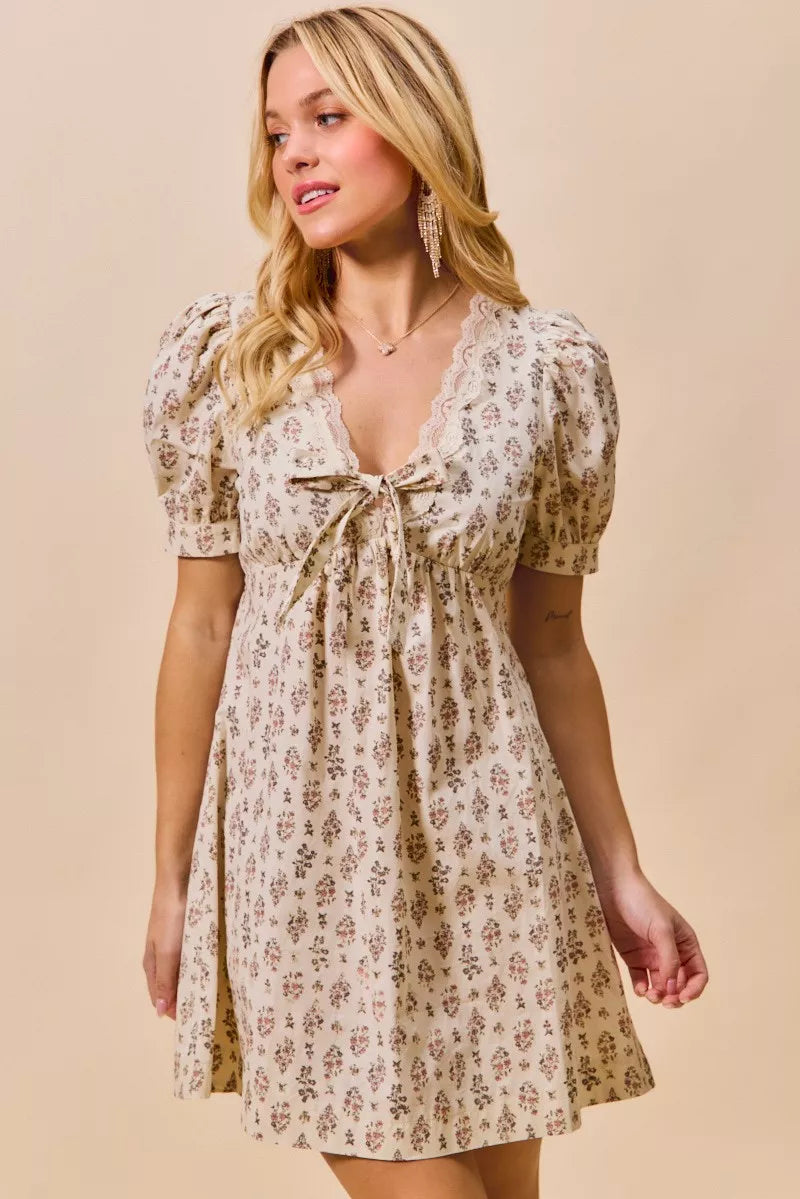 Floral Print Lace Trim Short Sleeves Mini Dress So Me