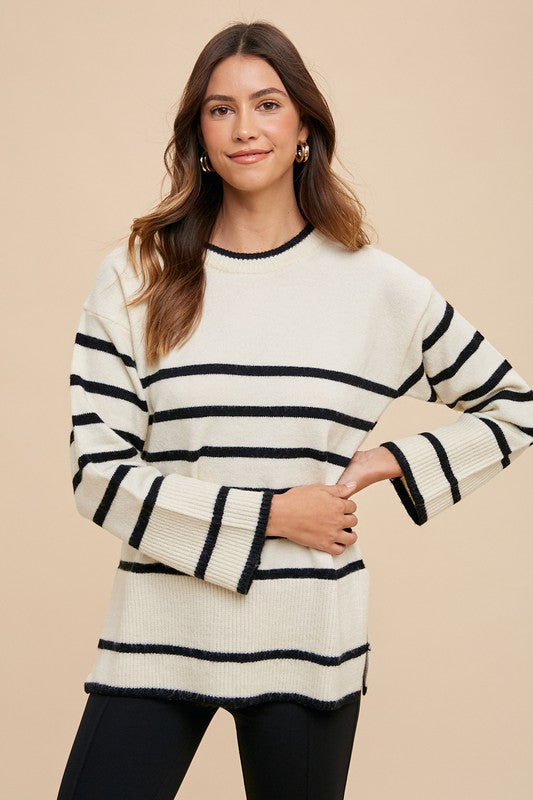 Side Slit Striped Round Neck Sweater Annie Wear