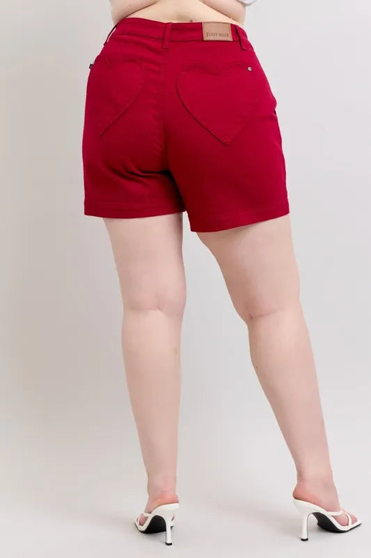 Plus Size High Waist Tummy Control Garment Dyed Heart Shaped Denim Shorts Judy Blue