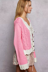 Button Down Cable-Knit Cardigan with Contrast Border Accents POL