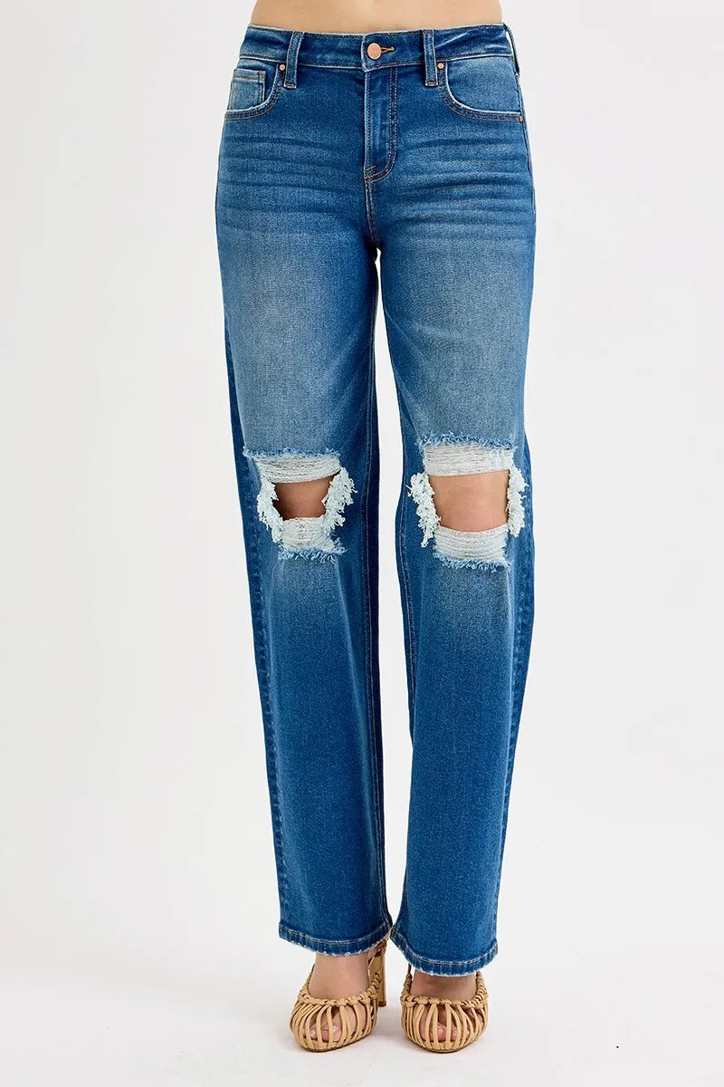 Mid Waist Fit Boyfriend Knee Distressed Jeans With Plus Size Risen