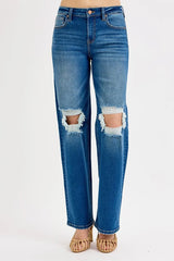 Mid Waist Fit Boyfriend Knee Distressed Jeans With Plus Size Risen