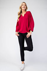 Notched Three-Quarter Sleeve Blouse Celeste   