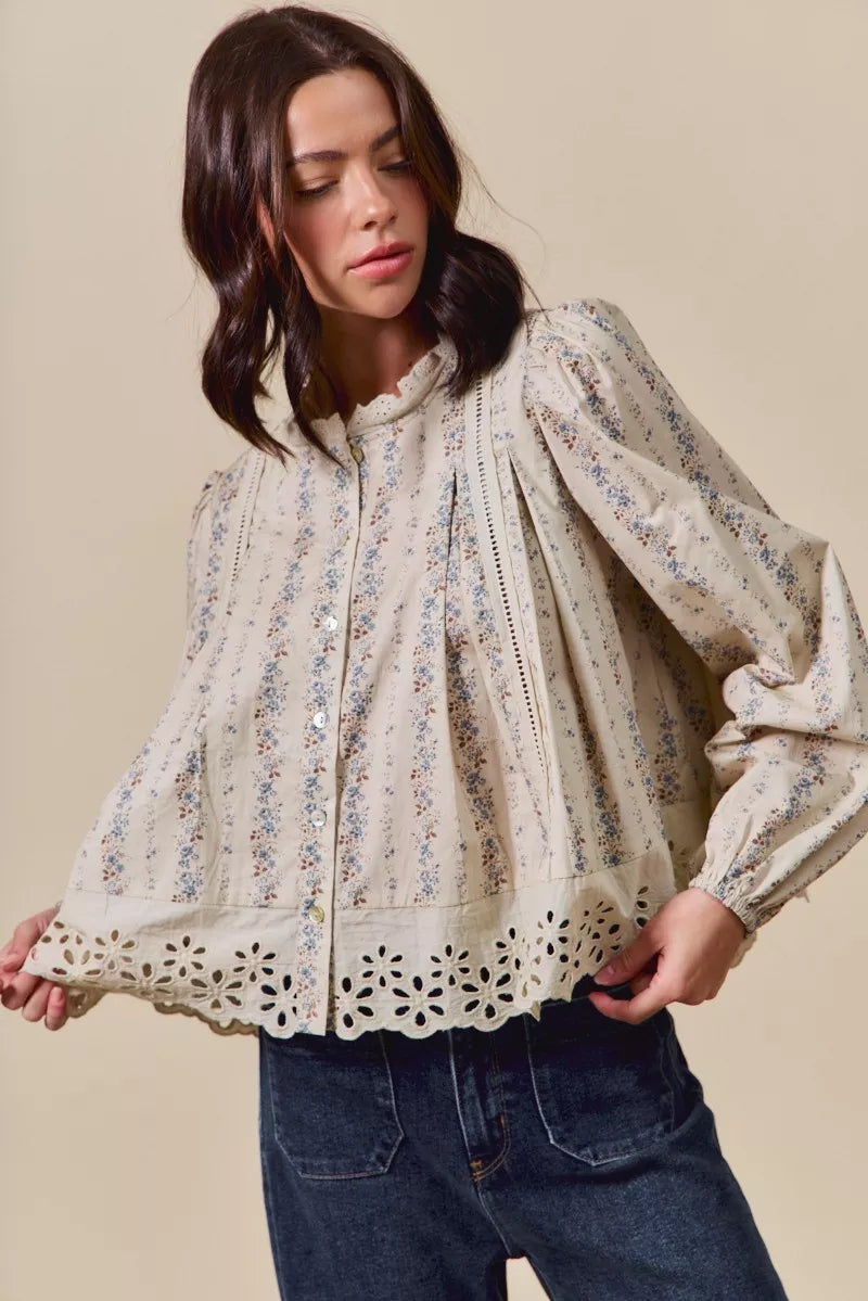 Floral Print Lace Button Down Shirt So Me