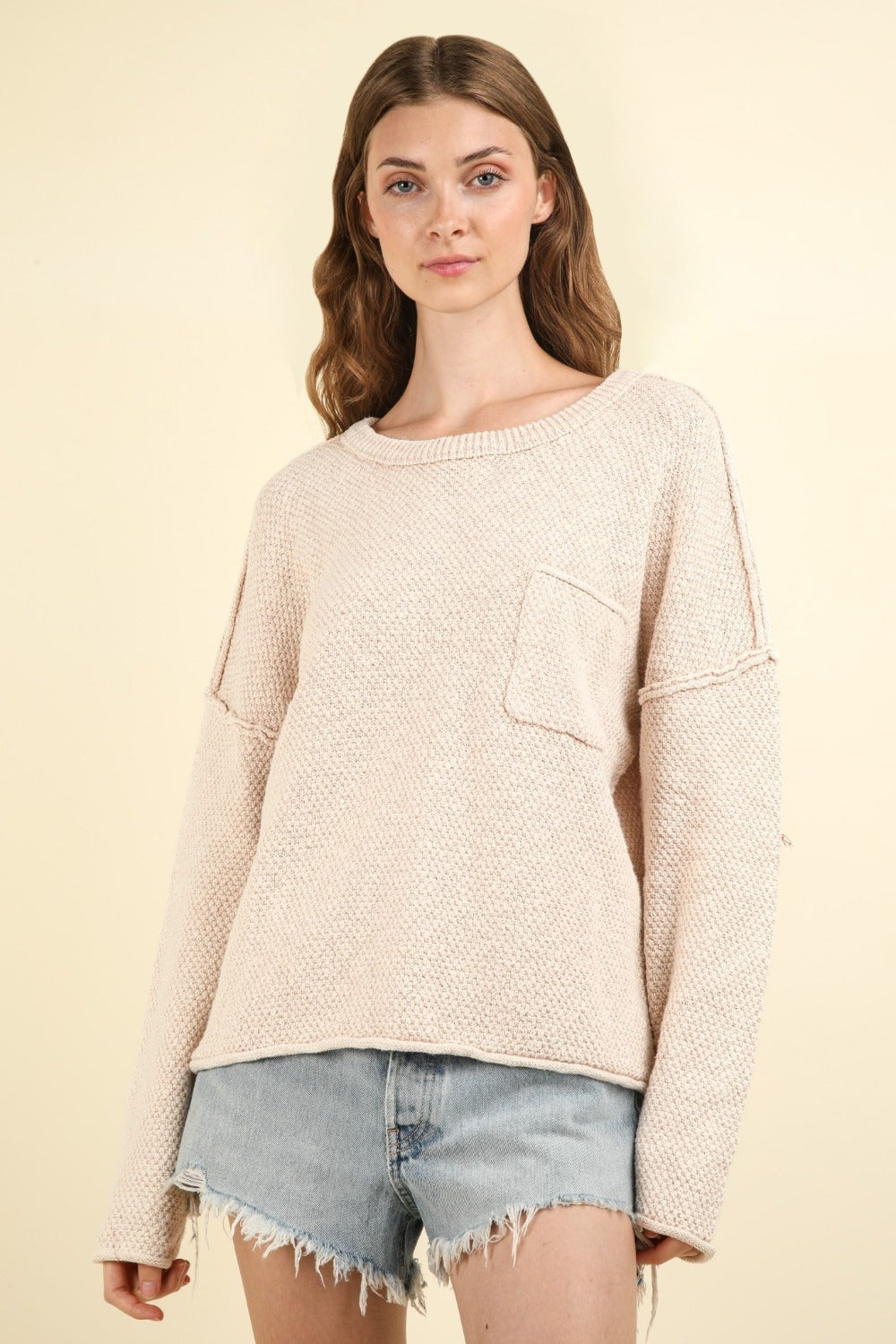 Mineral Washed Exposed Seam Sweater Very J Beige S 