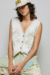 Embroidered Floral V-Neck Button Down Crochet Vest POL WHITE One Size