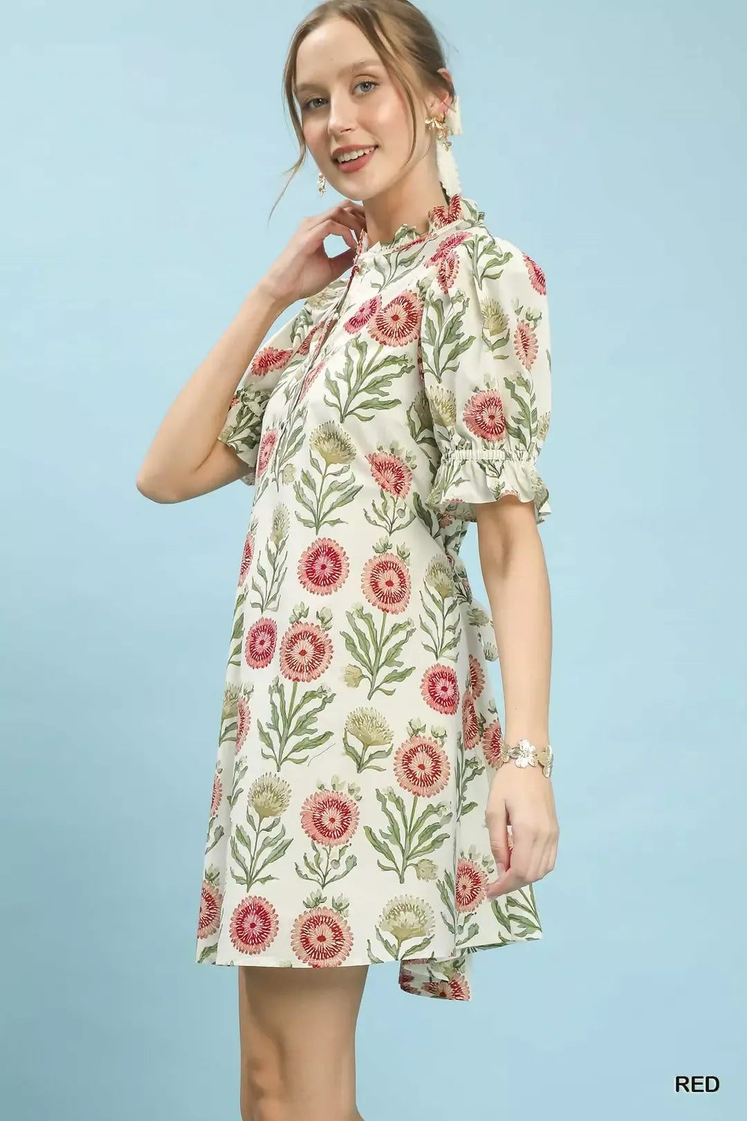 Floral Puff Sleeve Babydoll Dress with Side Pockets Umgee