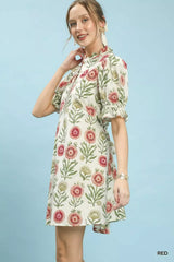 Floral Puff Sleeve Babydoll Dress with Side Pockets Umgee