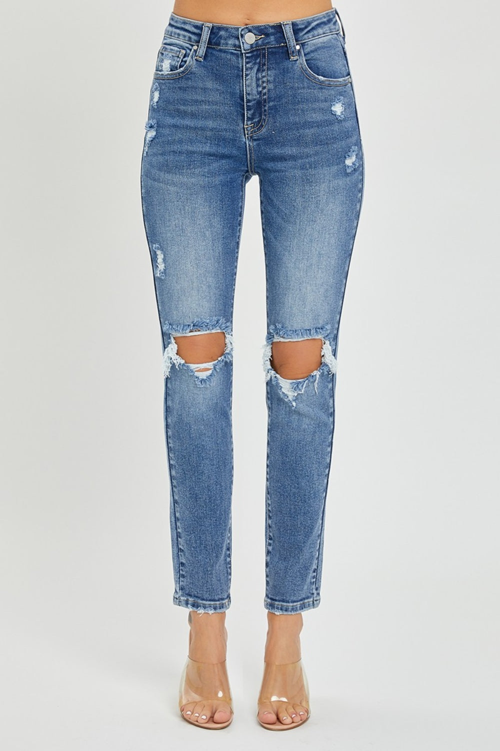 High Rise Medium Wash Knee Distressed Skinny Jeans Risen   