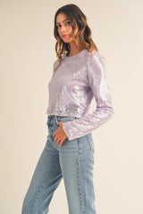 Shoulder Padded Sequin Crop Long Sleeve Top Mable Lavender S 