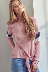 Tie Front Solid Colorblock Long Sleeve Top e Luna   