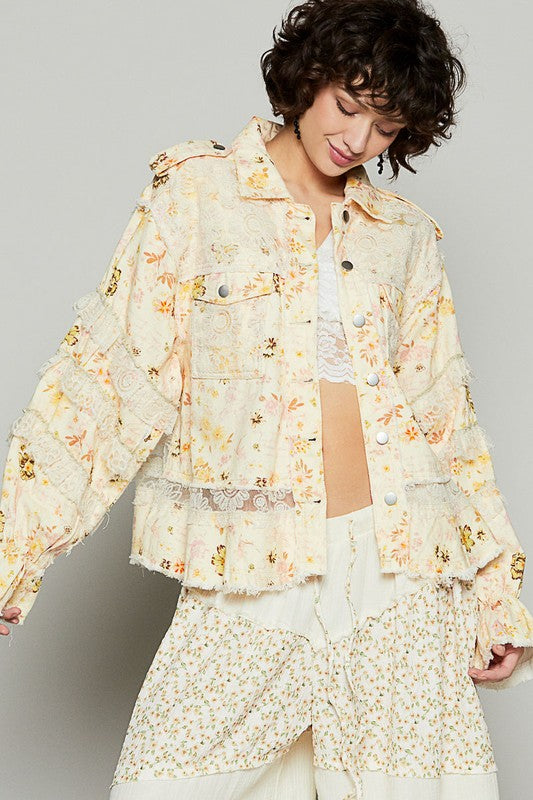 Raw Hem Lace Patch Flounce Sleeve Jacket POL Pastel Yellow S