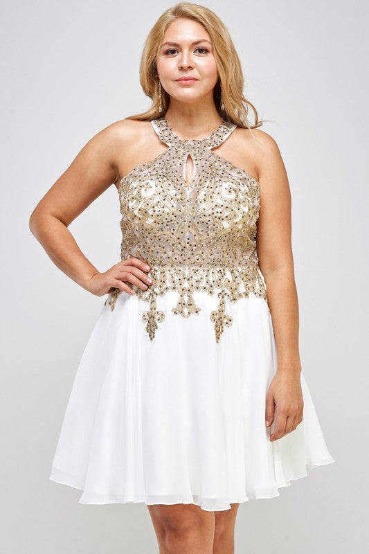 Plus Size Gold Embroidered Elegant Halter A-Line Cocktail Dress LA SCALA