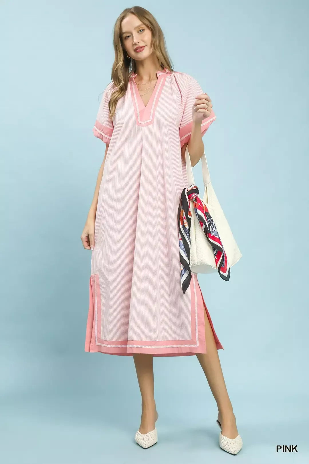 Pinstripe Contrast Trim Midi Dress Umgee