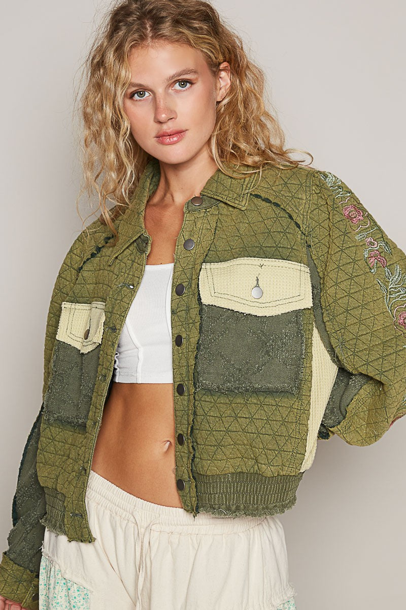 Embroidered Sleeve Raw Edge Quilted Jacket POL   