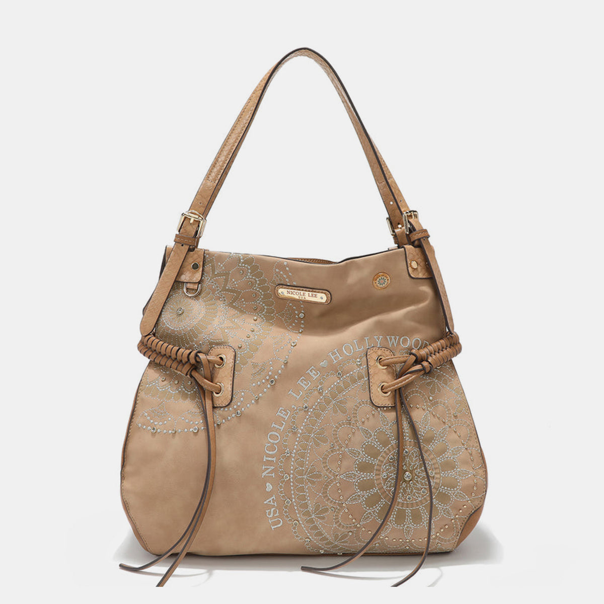 Side Braided Tassel Inlaid Rhinestone Embroidery Hobo Bag Nicole Lee USA Beige One Size 