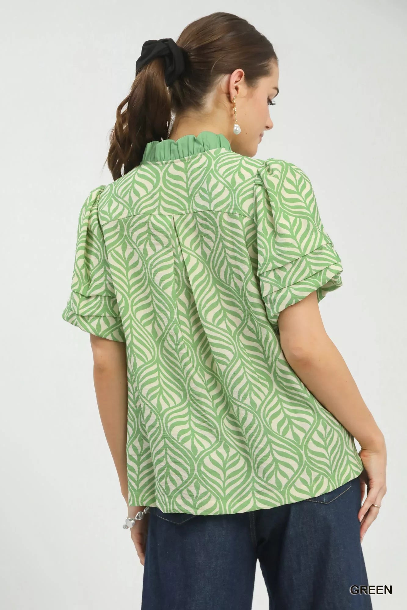 Printed Puff Sleeve Ruffle Neck Top Umgee