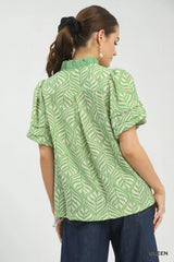 Printed Puff Sleeve Ruffle Neck Top Umgee