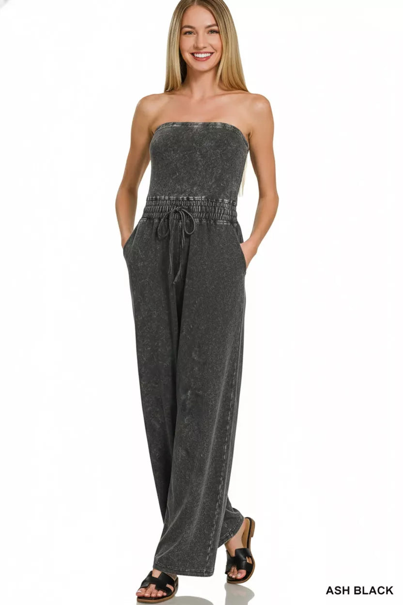 Zenana Acid Washed Strapless Tube Top Jumpsuit Trendsi