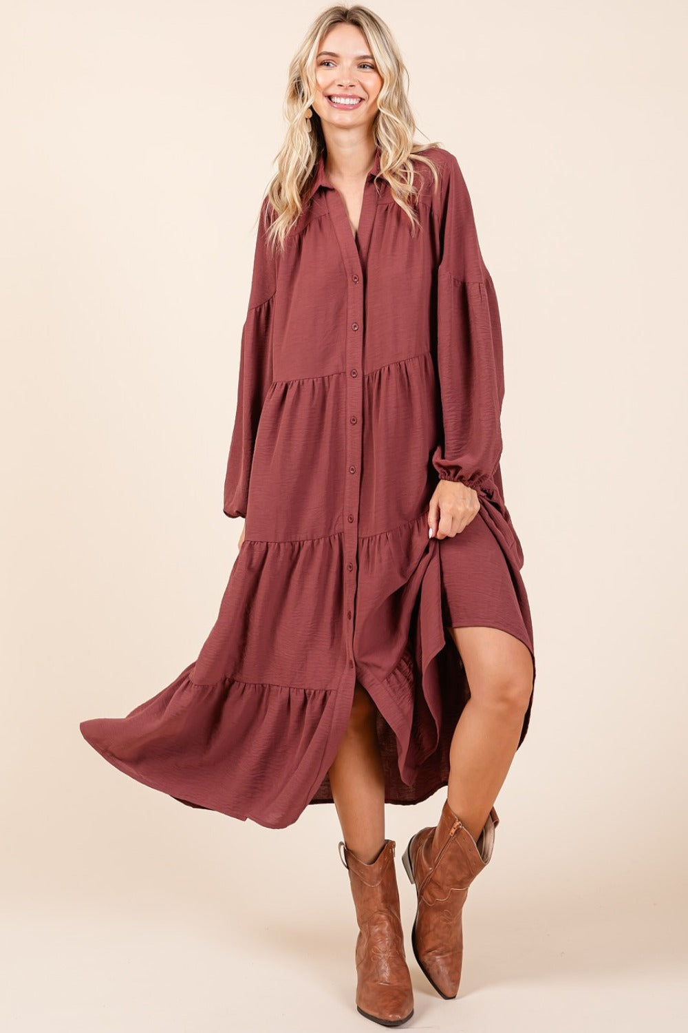 Tiered Button Down Long Sleeve Midi Dress Mittoshop Sienna S 