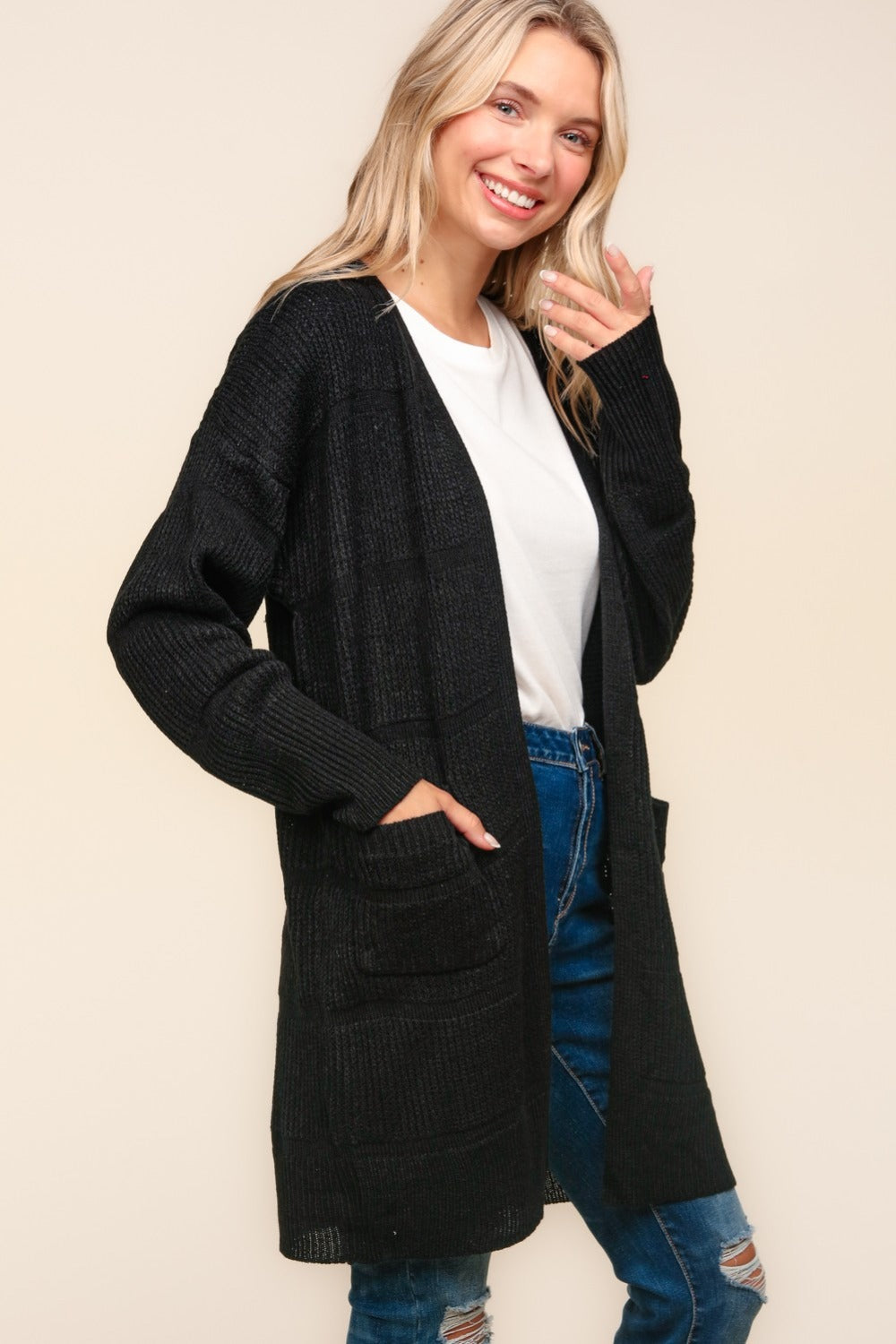 Stripe Textured Open Front Cardigan with Pockets Haptics   