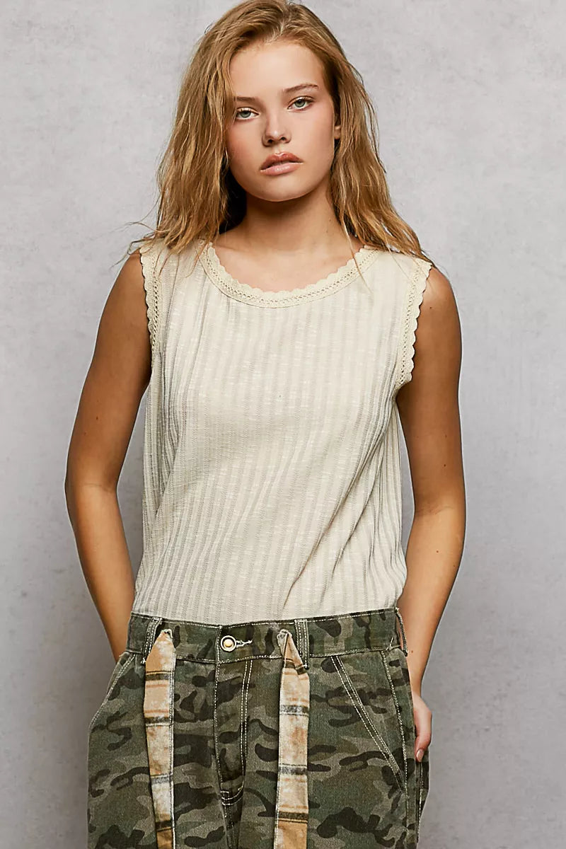 POL Ribbed Round Neck Tank with Lace Trim Trendsi