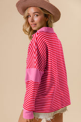 Striped Wide Collar Contrast Long Sleeve Knit Top BiBi   