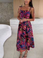 Printed Tie-Strap Midi Dress Simmer & Fay