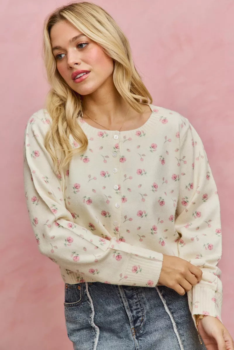 Floral Print Button Down Sweater Cardigan So Me