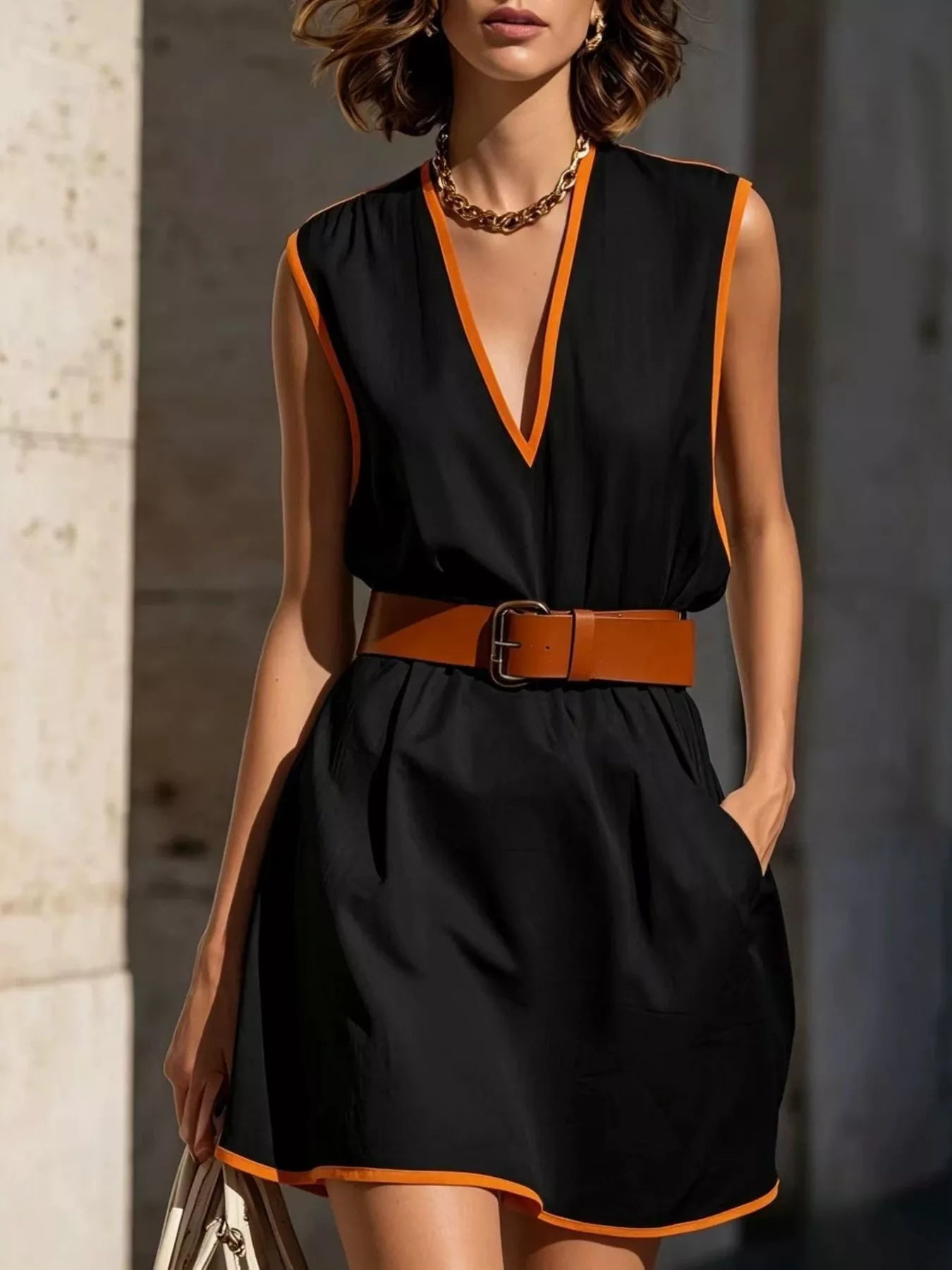 Contrast Trim V-Neck Sleeveless Dress Simmer & Fay Black S
