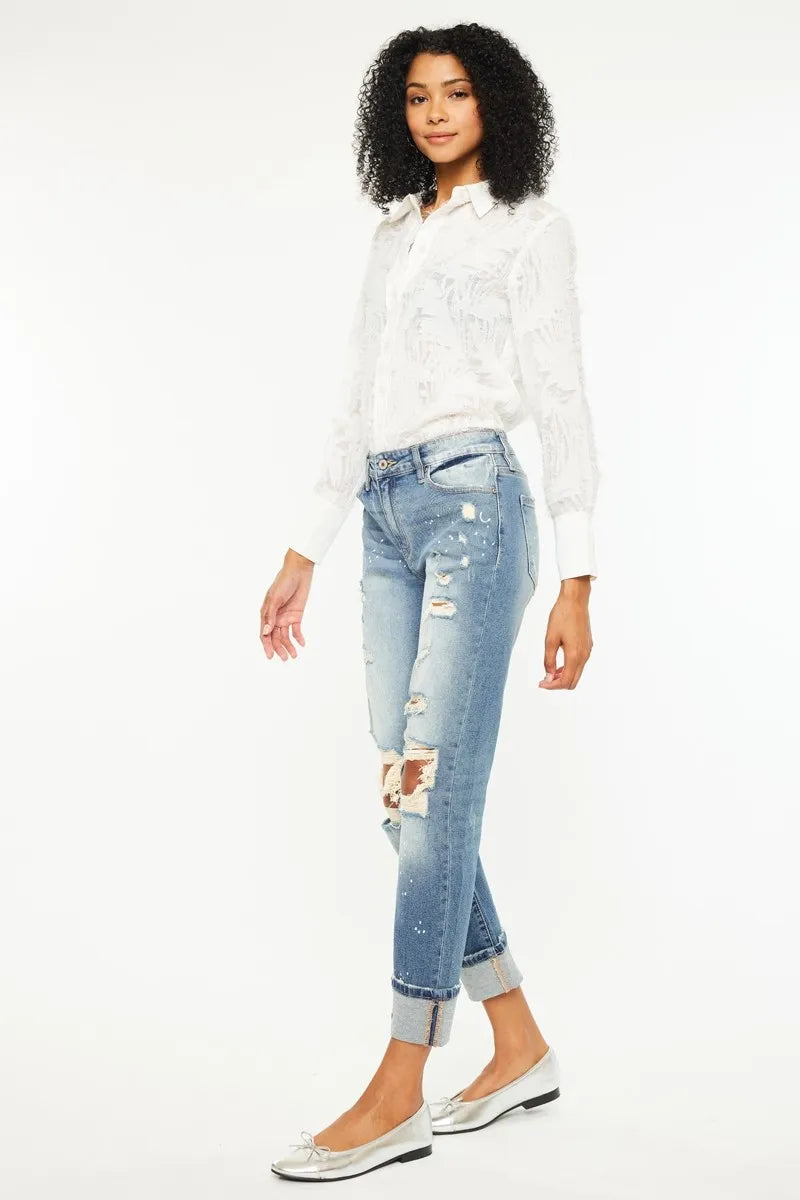 High Rise Distressed Boyfriend Fit Jeans Kancan
