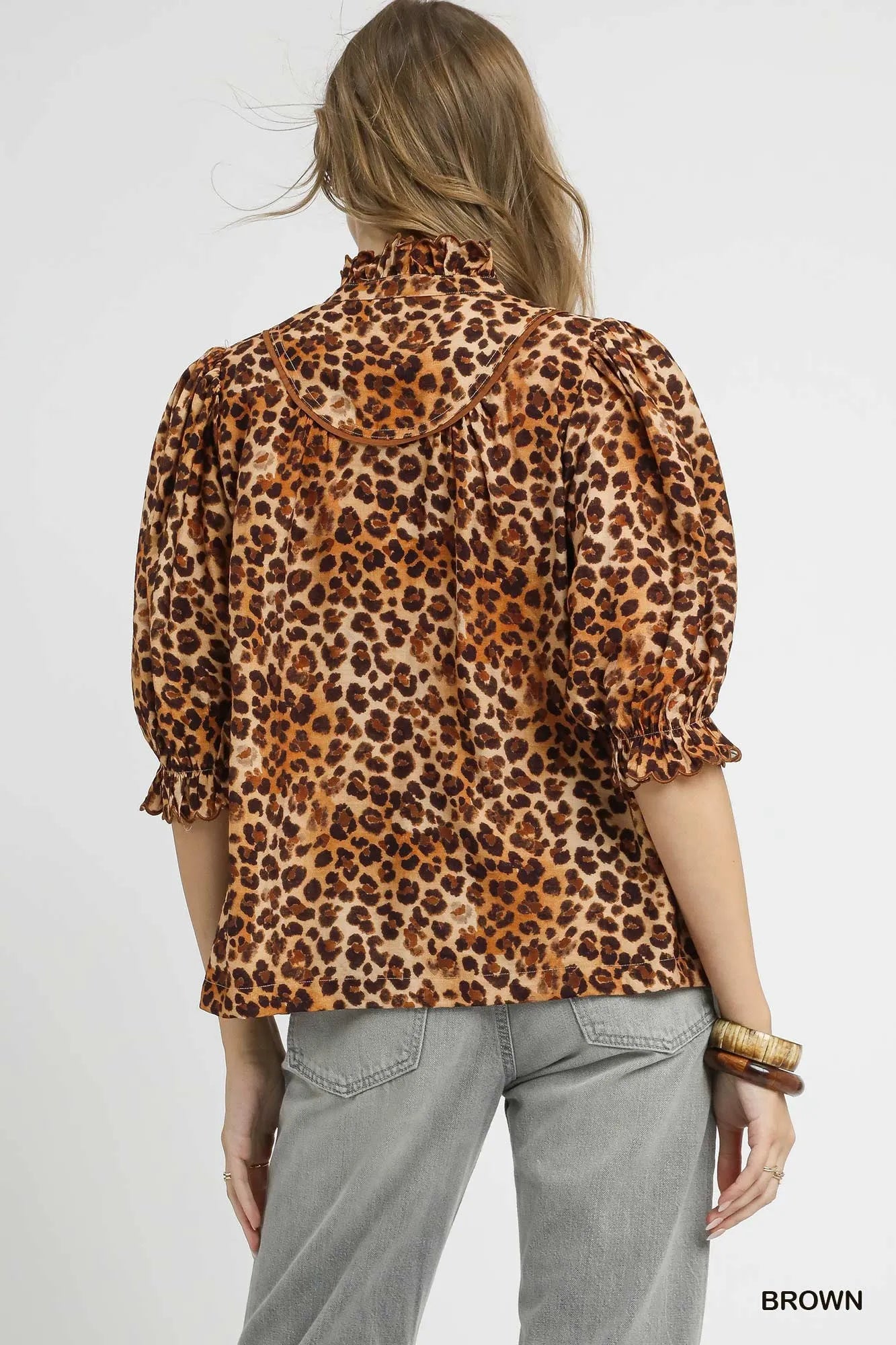 Leopard Print Ruffle Neck Blouse With Plus Size Umgee