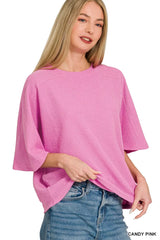 Double Knit Short Sleeve Top ZENANA CANDY PINK S