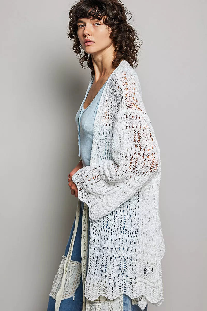 Openwork Lightweight Open Front Cardigan with Scalloped Edge POL