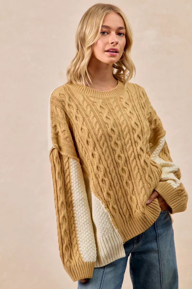 Cable Knit With Hacci Combo Sweater With Uneven Hem Detail BiBi