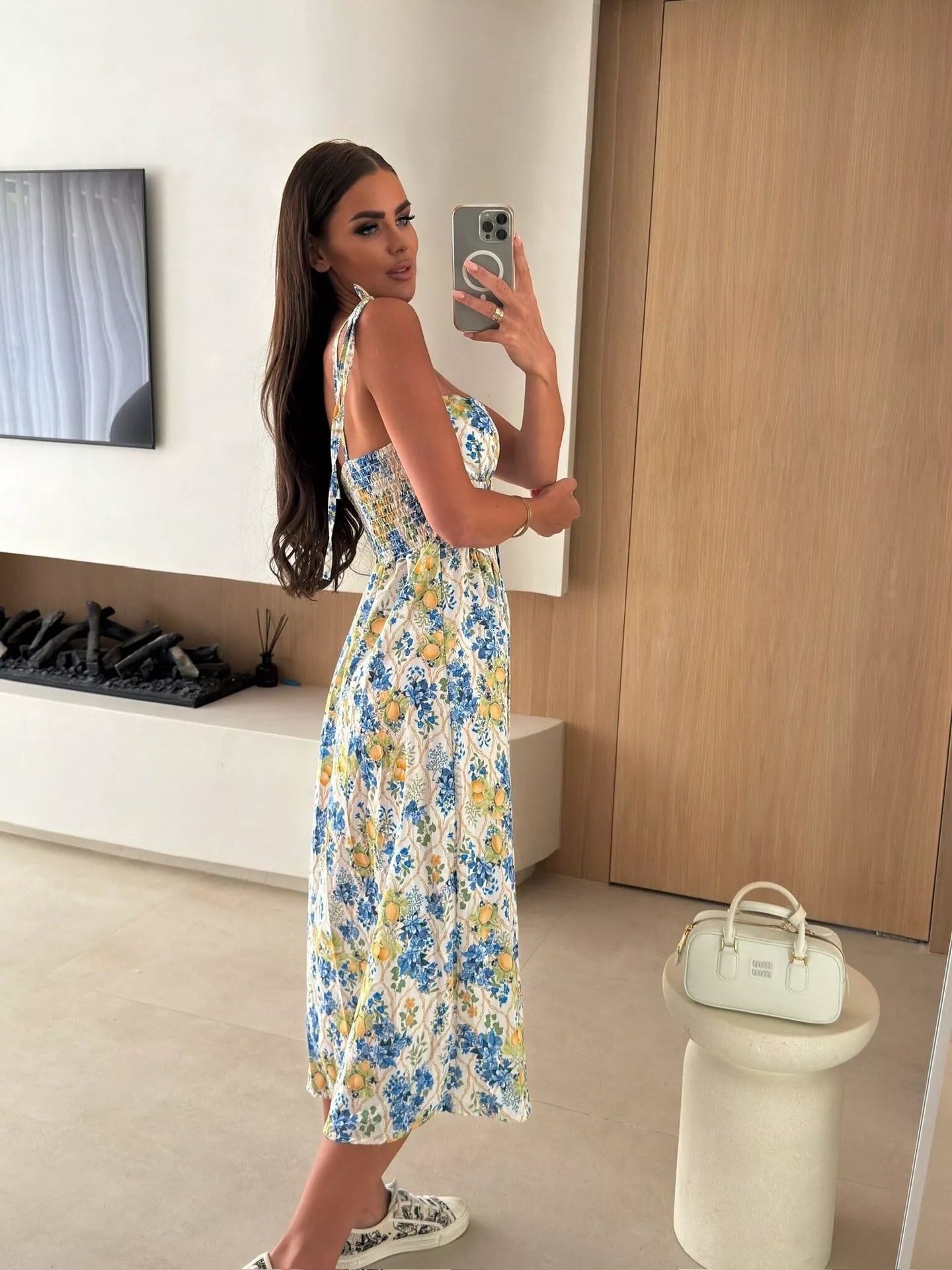 Printed Tie-Strap Midi Dress Simmer & Fay