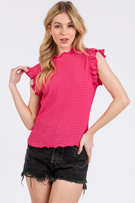 Textured Mock Neck Ruffle Cap Sleeve Blouse Ces Femme Fuchsia S