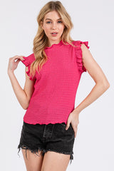 Textured Mock Neck Ruffle Cap Sleeve Blouse Ces Femme Fuchsia S