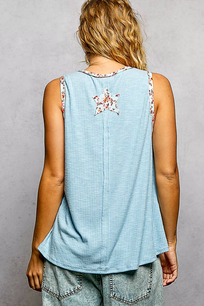 Washed Ribbed V-Neck Tank with Floral Print Star Patch POL