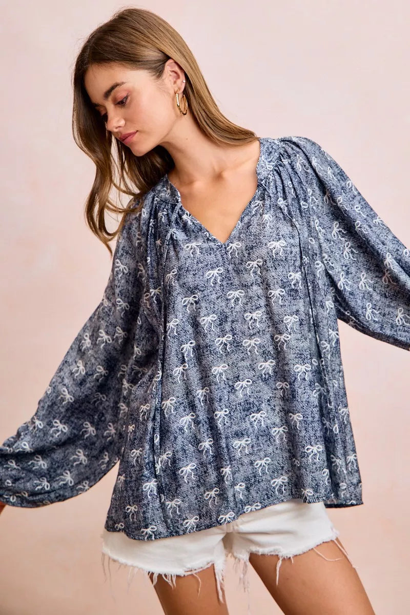 Ribbon Bow Print Exaggerated Balloon Sleeves Top BiBi