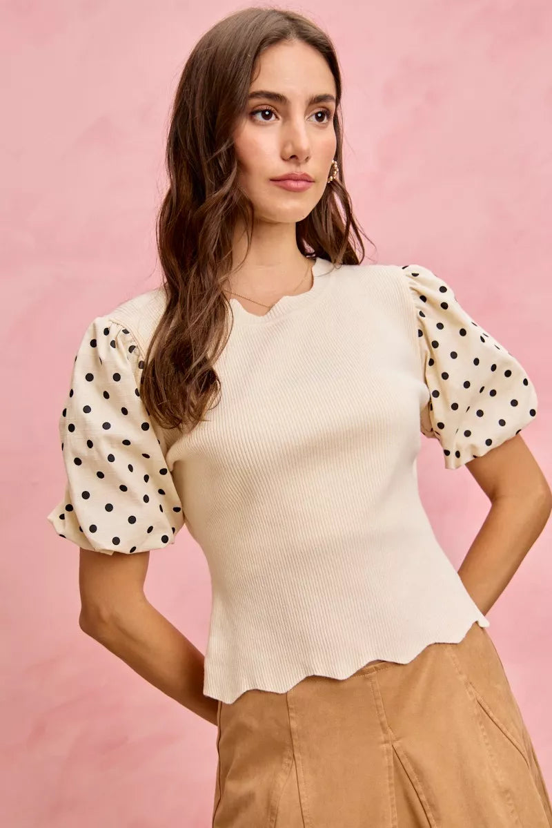 SO ME Polka Dot Contrast Woven Ballon Sleeve Blouse Trendsi CREAM/BLACK S