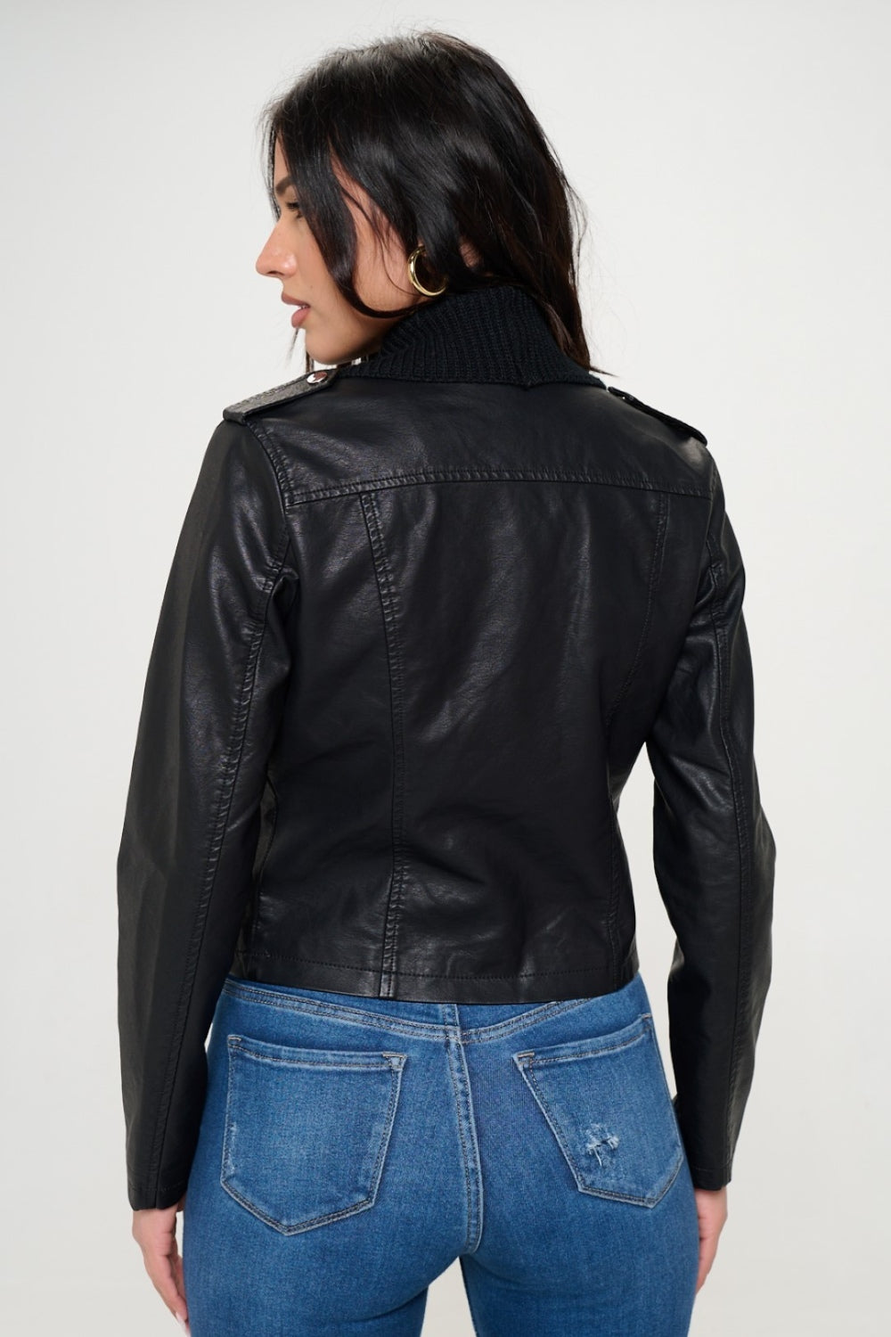 Knit Collared Faux Leather Crop Jacket Coalition LA   