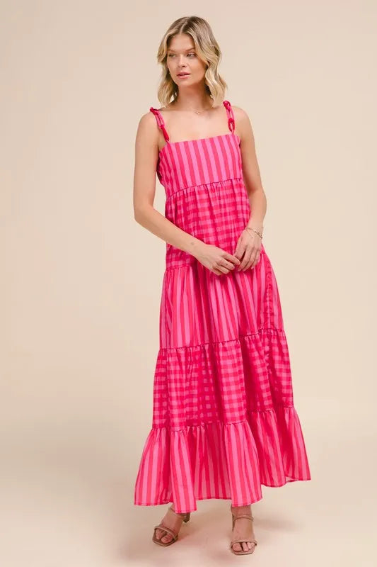 Stripe Tiered Maxi Dress with Colorful Chain Strap So Me PINK/RED S