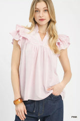 Ruffled Sleeve Textured Blouse Umgee PINK S