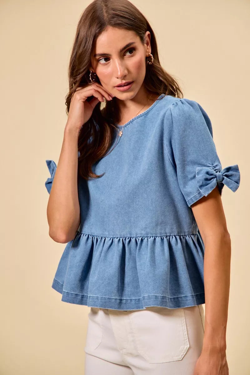Denim Bow Detail Short Sleeves Peplum Top So Me