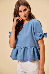 Denim Bow Detail Short Sleeves Peplum Top So Me