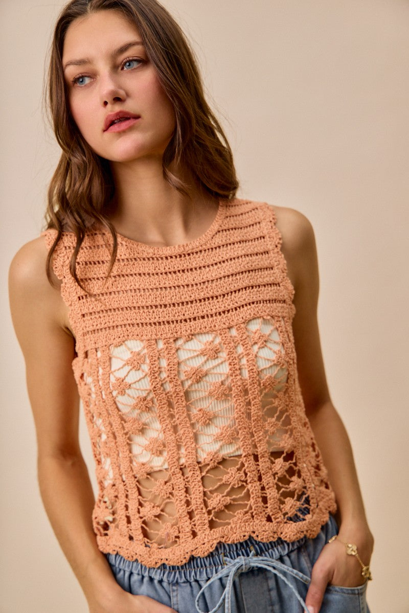 Crochet Knitted Lace Sweater Tank Top So Me PEACH S
